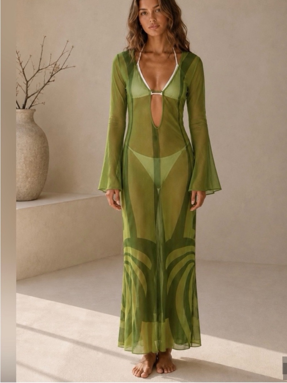 Caroline Constas Olive Green Long Sleeve Mesh Coverup